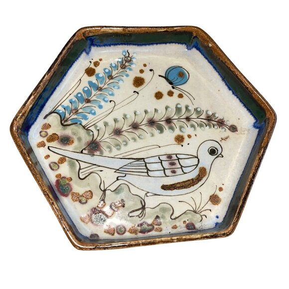 Ken Edwards Vintage Dish Plate Bowl Tonala Pottery Bird Butterfly Drip Glaze - Picture 2 of 7